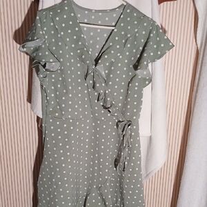 Polka Dot Ruffle Wrap Dress in Sage Green